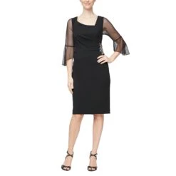Alex Evenings Short Sheath Dress W/ L-Shaped Neckline And Illusion Bell Sleeves