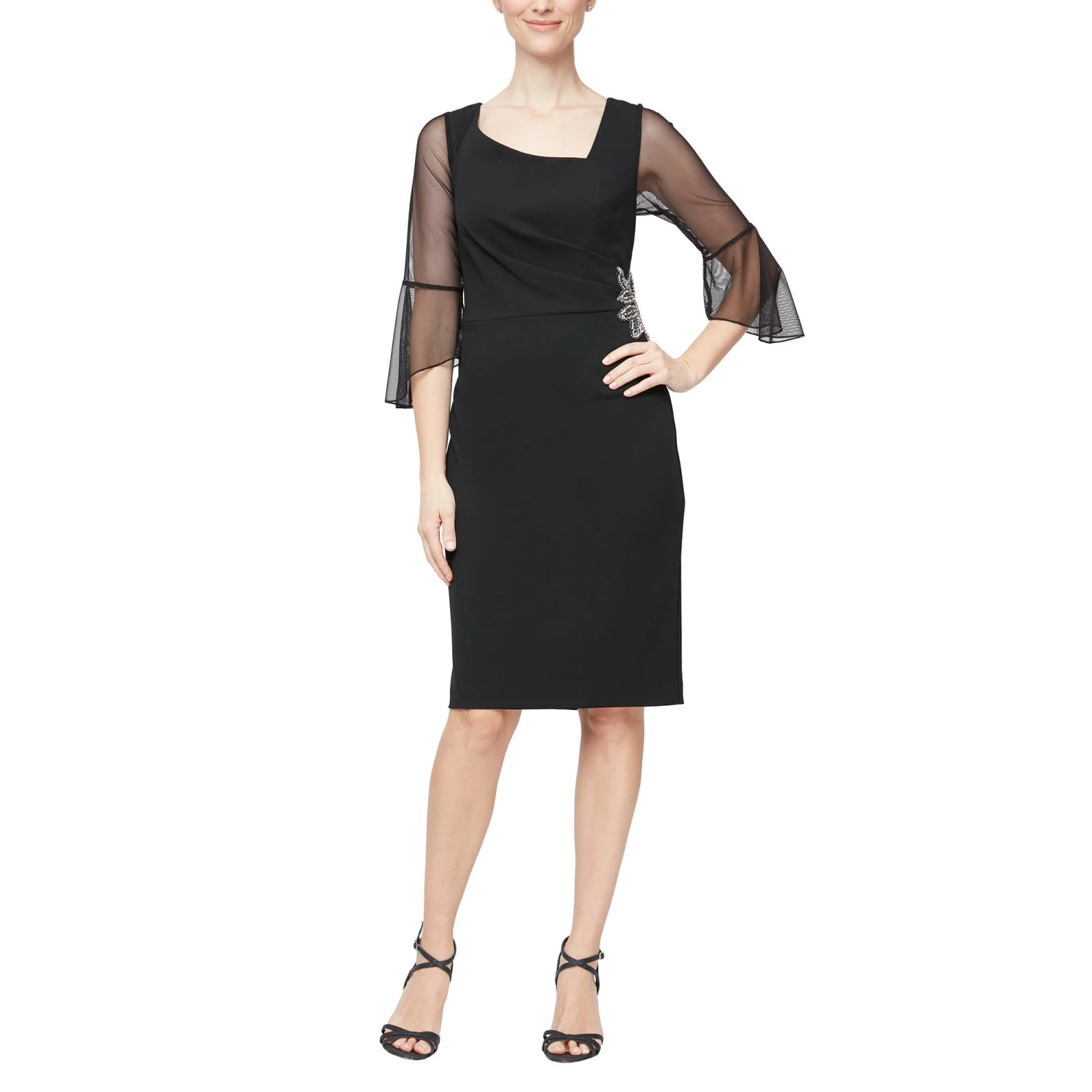 Alex Evenings Short Sheath Dress W/ L-Shaped Neckline And Illusion Bell Sleeves