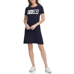 DKNY Short Sleeve Logo Fit-and-Flare Tee Dress