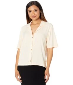 Mod-o-doc Soft Woven Stretch Viscose 1/2 Sleeve Button-Up Top