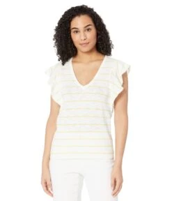 Lilla P Stripe Flutter Sleeve V-Neck Tee