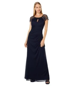 XSCAPE Long Sheer Matte Jersey Beaded Dress With Cap Sleeve