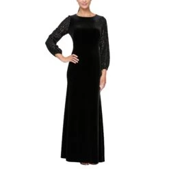 Alex Evenings Long Sheath Dress W/ Long Sequin Bubble Hem Sleeves