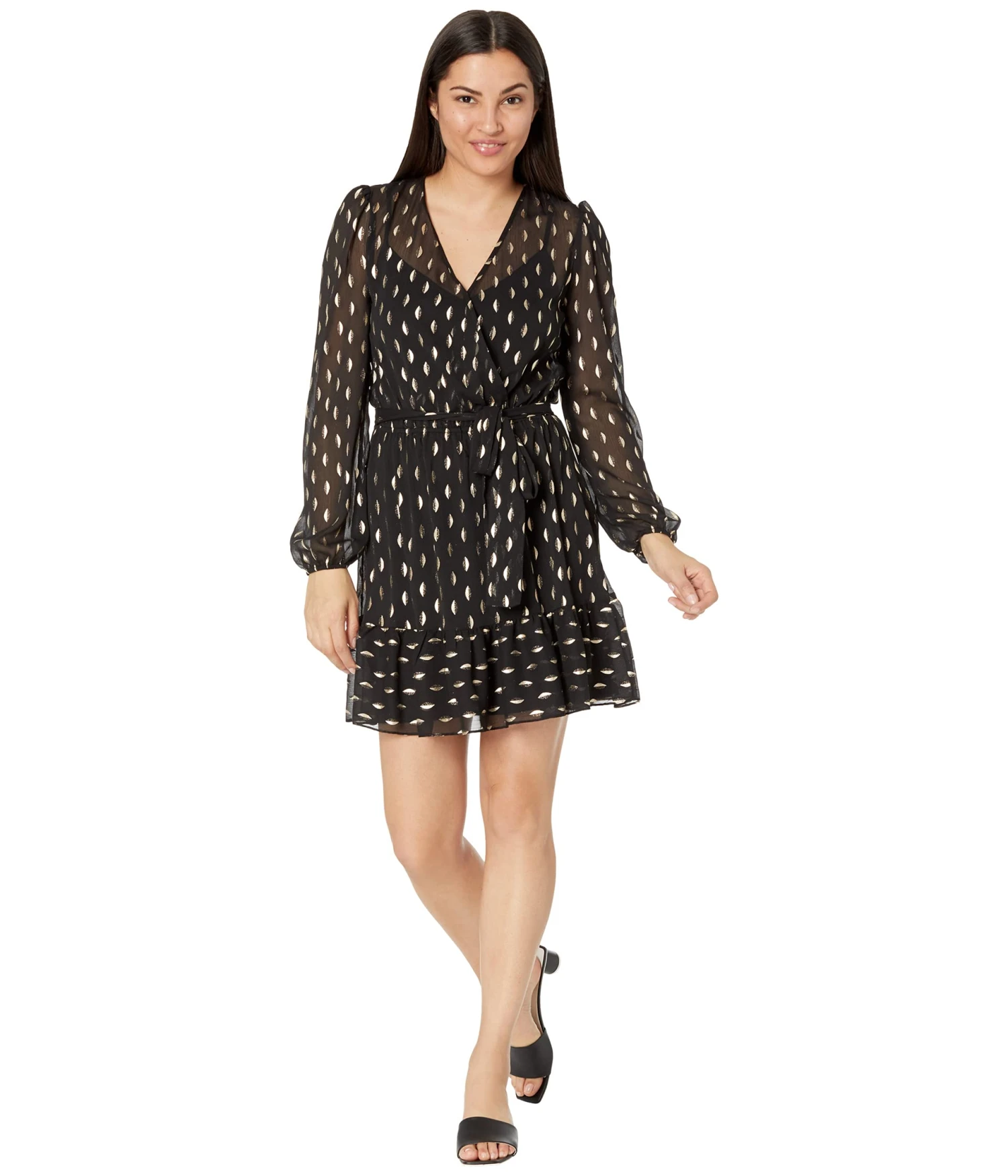 Betsy & Adam Short Long Sleeve Chiffon Clip Dot W/ Tie Belt - Image 4