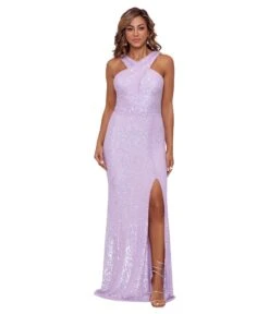 XSCAPE Long Sequin Cross Neck Dress