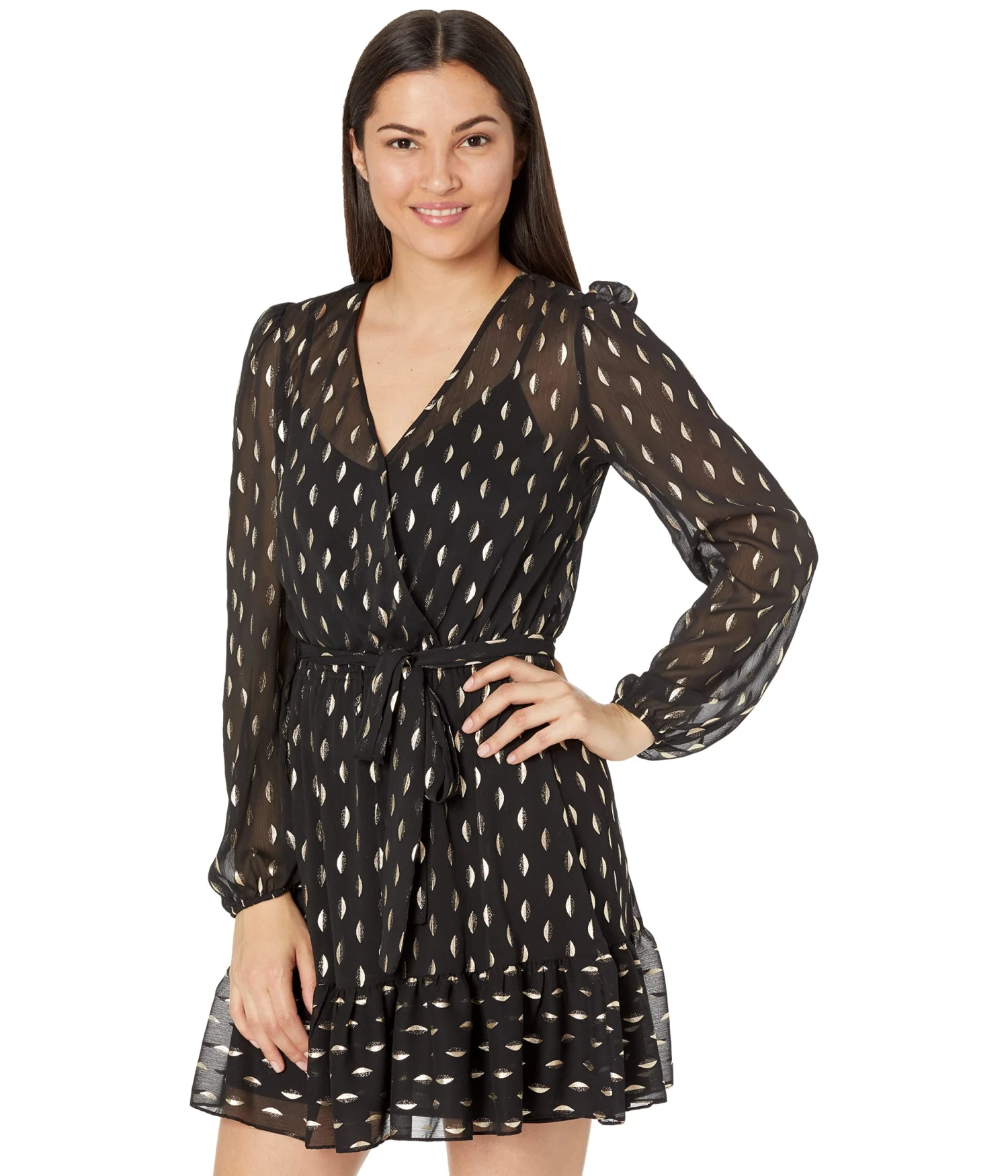 Betsy & Adam Short Long Sleeve Chiffon Clip Dot W/ Tie Belt