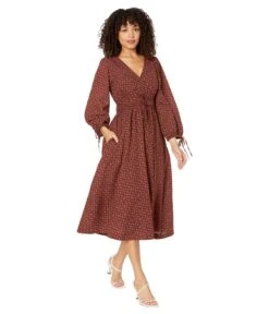 Madewell Arianne - Print Long Sleeve Tie Midi Dress - Cotton Seersucker