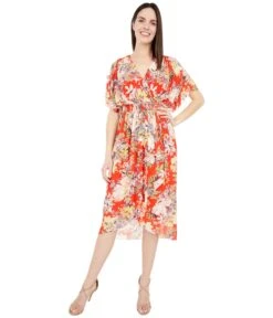 London Times Spring Garden Mesh Surplus Shirred Flounce Dress